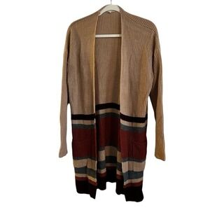 BeCool Women M Beige Colorblock Stripe Open Front Longline Cardigan Sweater Boho